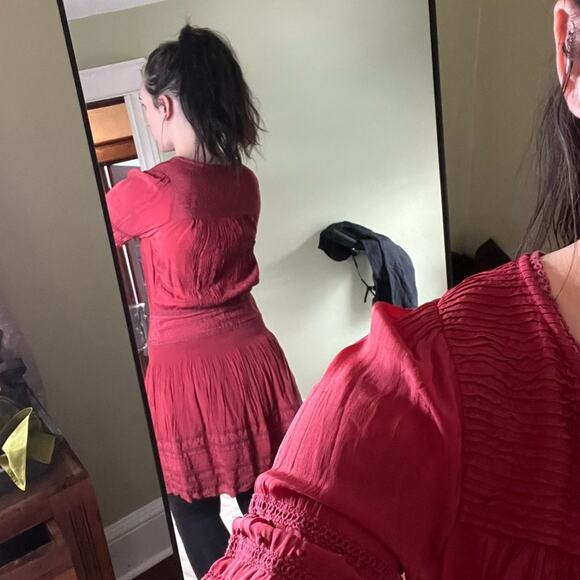 Sea New York azzedine dress red bohemian embroidered smocked drop waist pin tuck - Picture 6 of 9